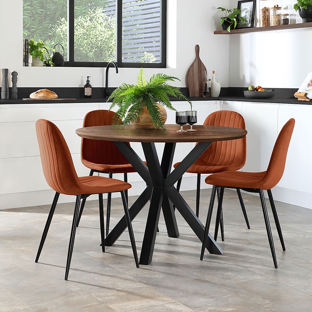 Newark Round Industrial Dining Table & 4 Brooklyn Chairs, Walnut Effect & Black Steel, Burnt Orange Classic Velvet, 110cm