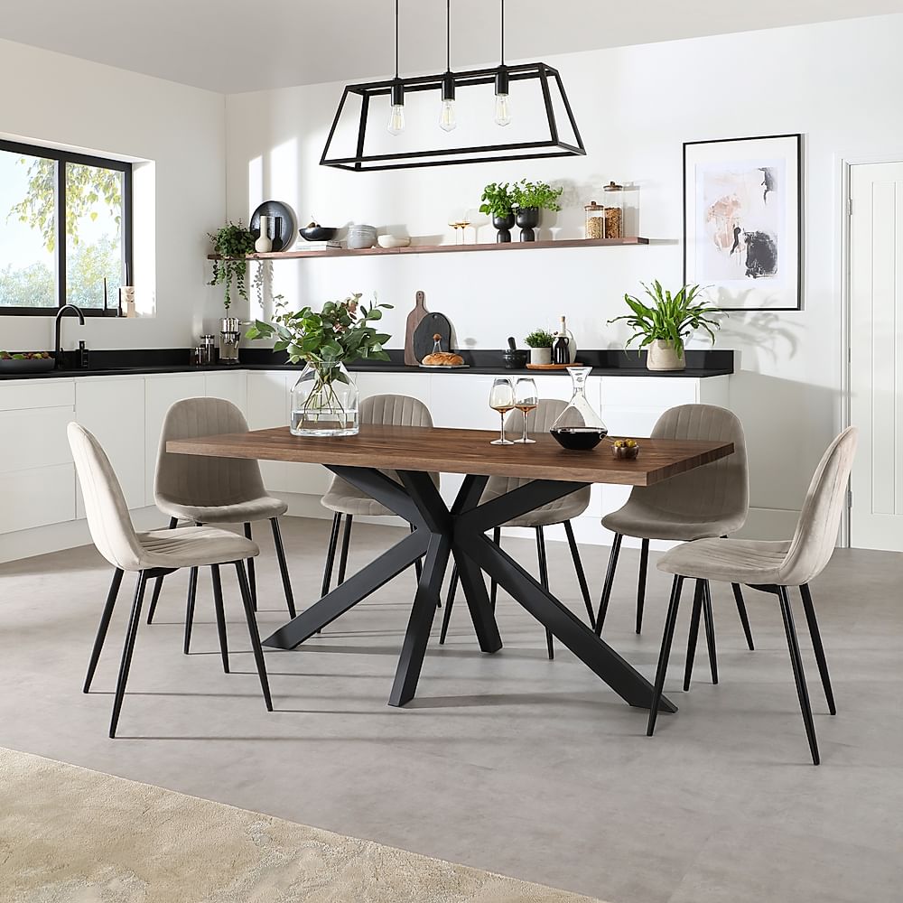 Madison Industrial Dining Table & 4 Brooklyn Chairs, Walnut Effect & Black Steel, Champagne Classic Velvet, 160cm