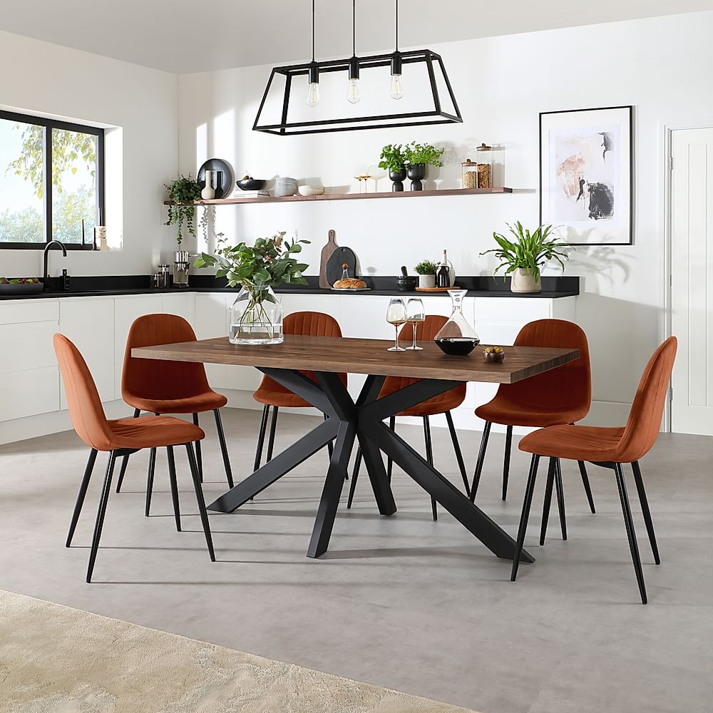 Madison Industrial Dining Table & 4 Brooklyn Chairs, Walnut Effect & Black Steel, Burnt Orange Classic Velvet, 160cm