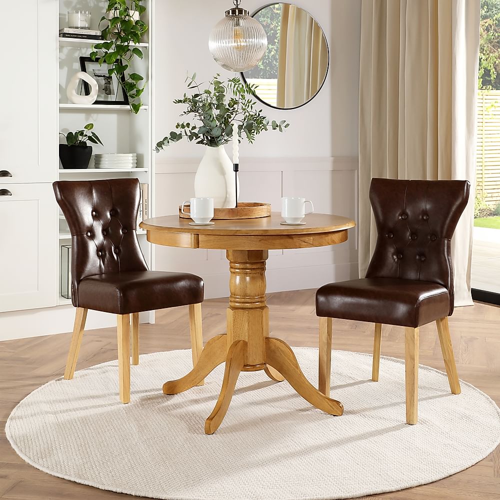 Kingston Round Dining Table & 2 Bewley Chairs, Natural Oak Finished Solid Hardwood, Club Brown Classic Faux Leather, 90cm