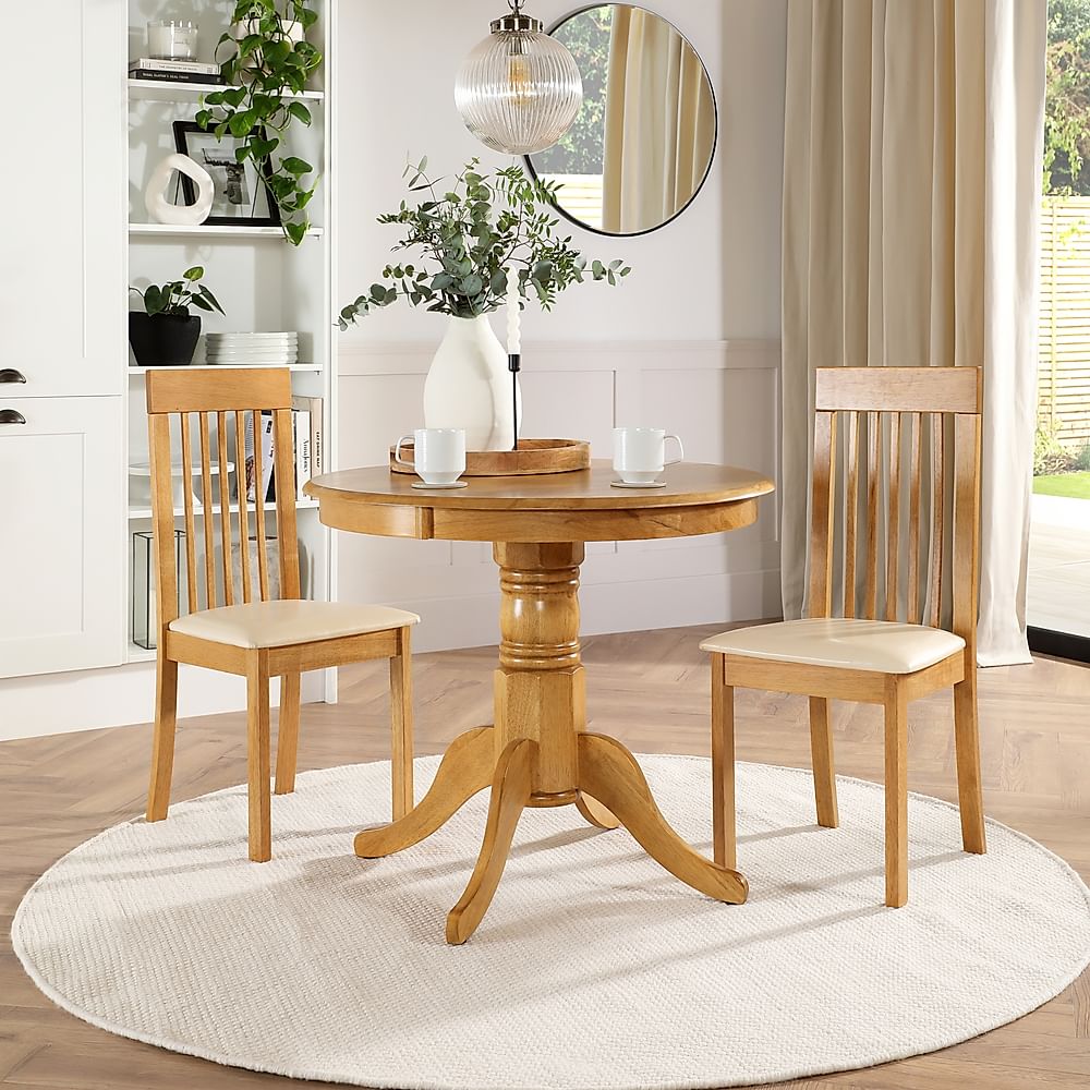 Kingston Round Dining Table & 2 Oxford Chairs, Natural Oak Finished Solid Hardwood, Ivory Classic Faux Leather, 90cm