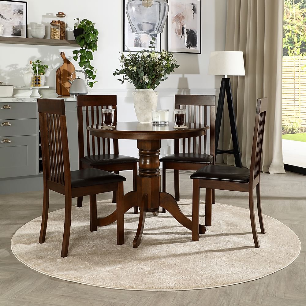 Kingston Round Dining Table & 4 Oxford Chairs, Dark Solid Hardwood, Brown Classic Faux Leather, 90cm