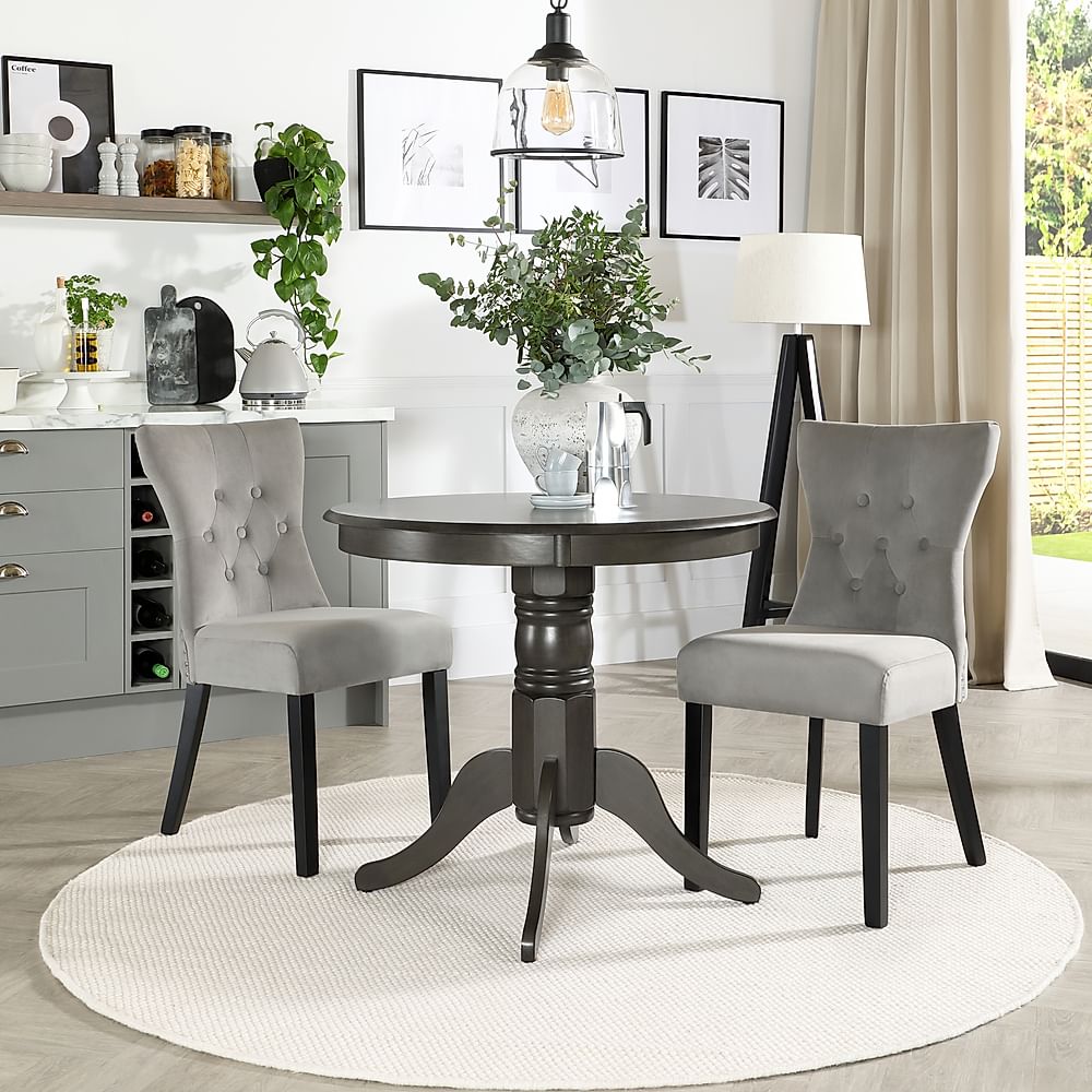 Kingston Round Dining Table & 2 Kensington Chairs, Grey Solid Hardwood, Grey Classic Velvet & Black Solid Hardwood, 90cm