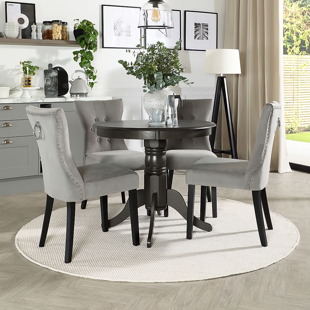 Kingston Round Dining Table & 4 Kensington Chairs, Grey Solid Hardwood, Grey Classic Velvet & Black Solid Hardwood, 90cm