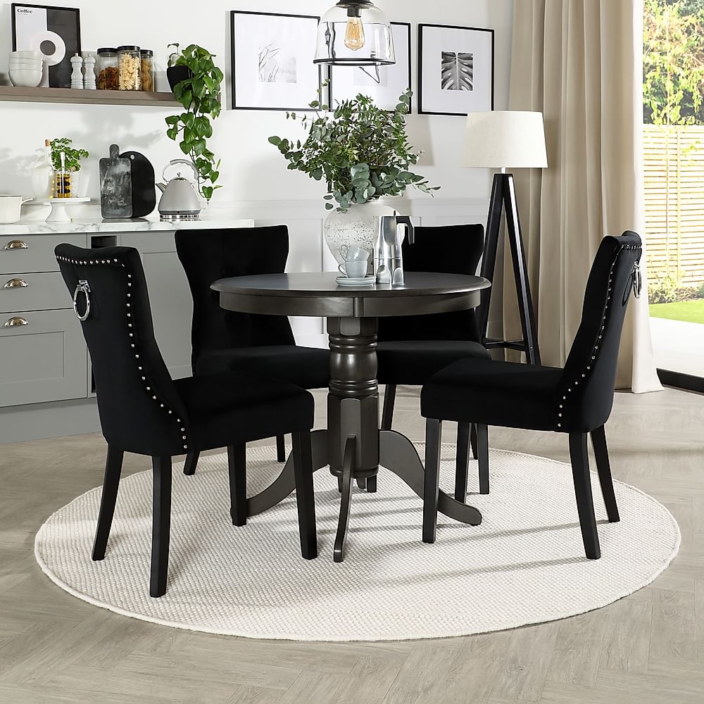 Kingston Round Dining Table & 4 Kensington Chairs, Grey Solid Hardwood, Black Classic Velvet & Black Solid Hardwood, 90cm