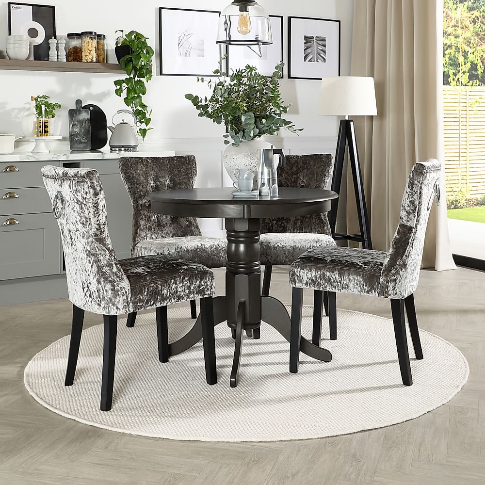 Kingston Round Dining Table & 4 Kensington Chairs, Grey Solid Hardwood, Crushed Silver Classic Velvet & Black Solid Hardwood, 90cm