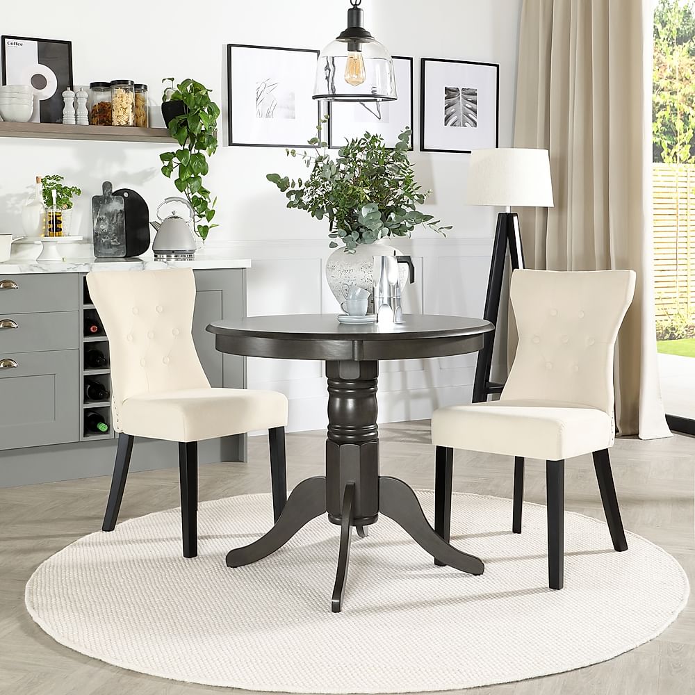 Kingston Round Dining Table & 2 Kensington Chairs, Grey Solid Hardwood, Ivory Plush Fabric & Black Solid Hardwood, 90cm