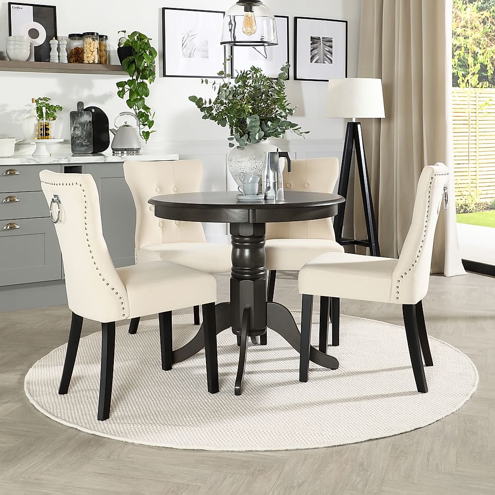 Kingston Round Dining Table & 4 Kensington Chairs, Grey Solid Hardwood, Ivory Plush Fabric & Black Solid Hardwood, 90cm