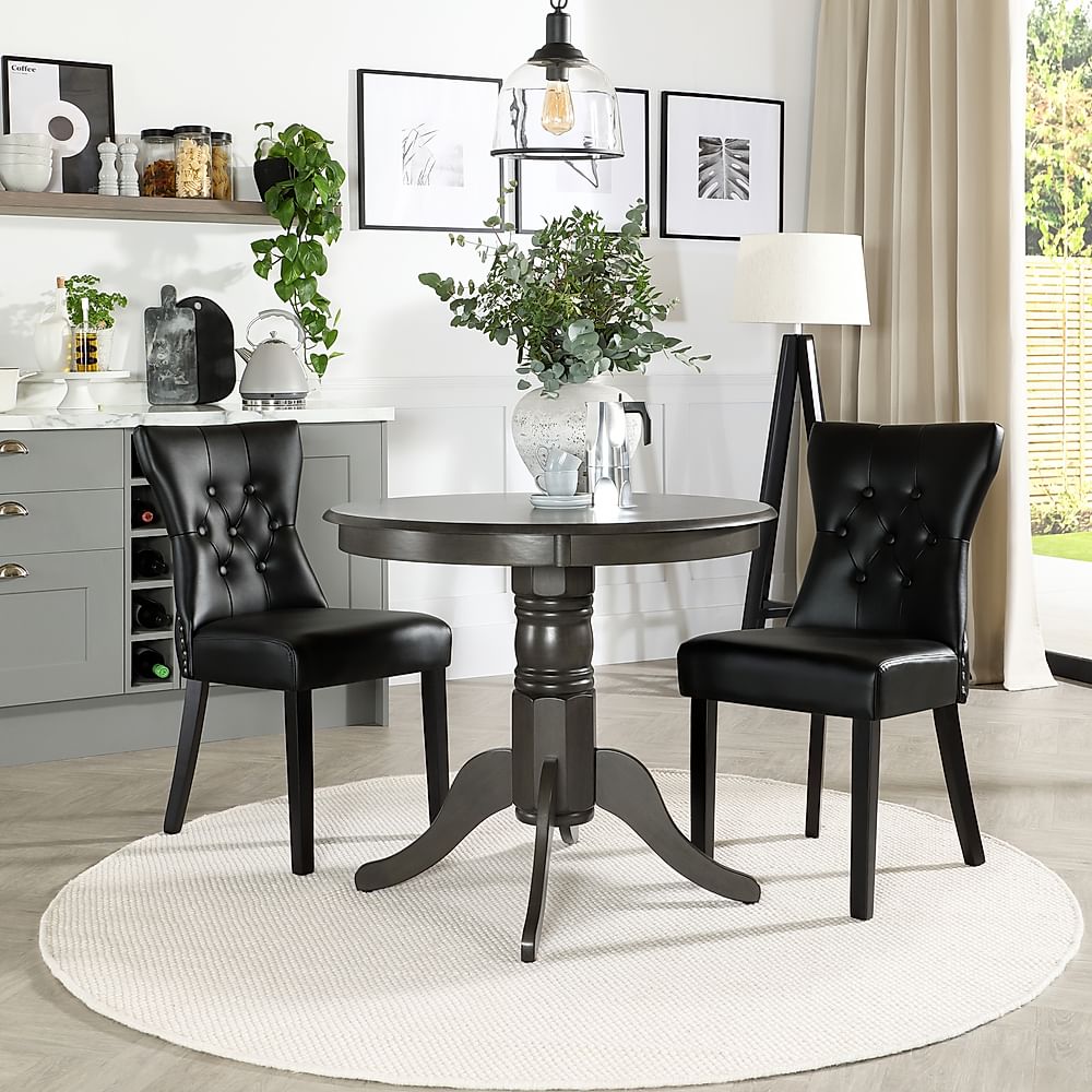 Kingston Round Dining Table & 2 Kensington Chairs, Grey Solid Hardwood, Black Classic Leather & Black Solid Hardwood, 90cm