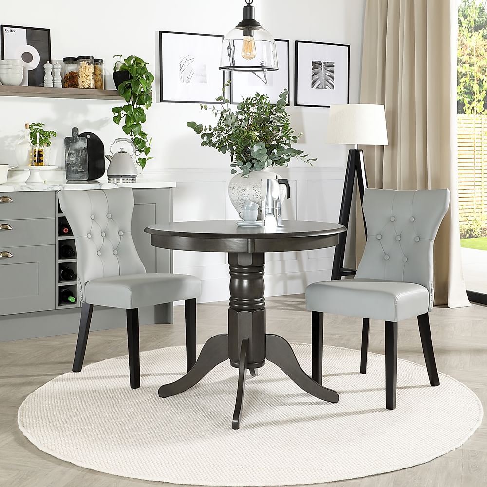 Kingston Round Dining Table & 2 Kensington Chairs, Grey Solid Hardwood, Light Grey Classic Leather & Black Solid Hardwood, 90cm