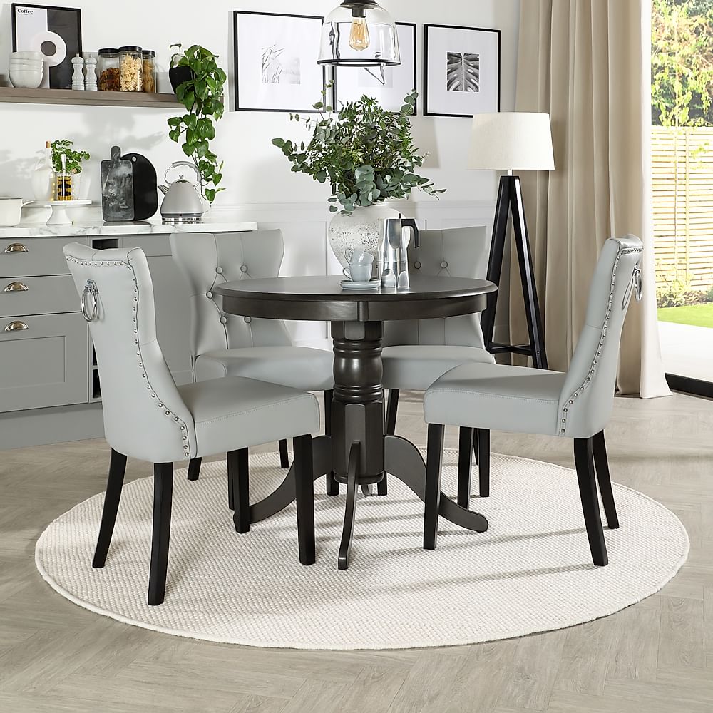 Kingston Round Dining Table & 4 Kensington Chairs, Grey Solid Hardwood, Light Grey Classic Leather & Black Solid Hardwood, 90cm