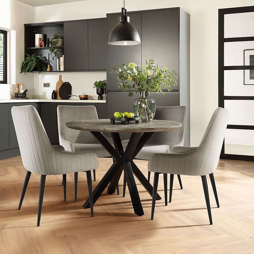 Newark Round Industrial Dining Table & 4 Liza Chairs, Grey Concrete Effect & Black Steel, Grey Classic Velvet, 110cm