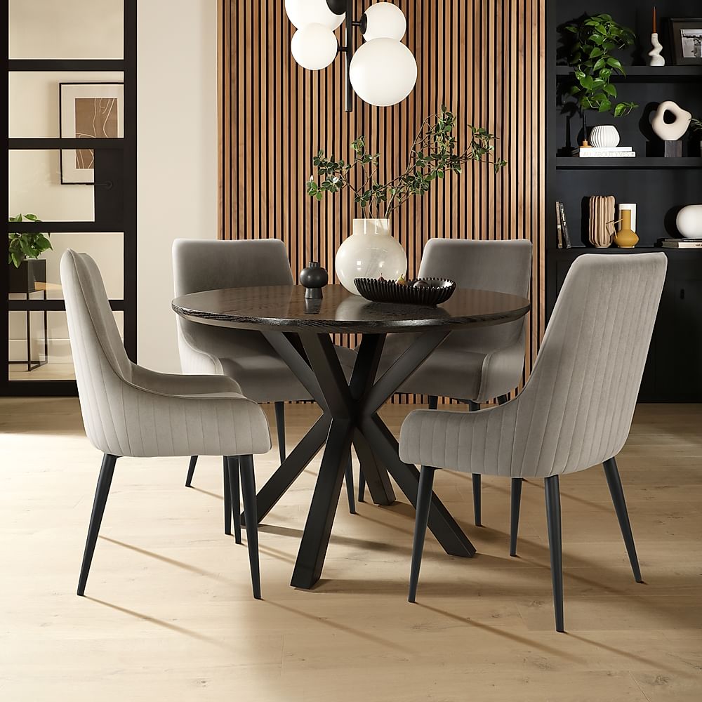 Newark Round Dining Table & 4 Liza Chairs, Black Oak Effect & Black Steel, Grey Classic Velvet, 110cm