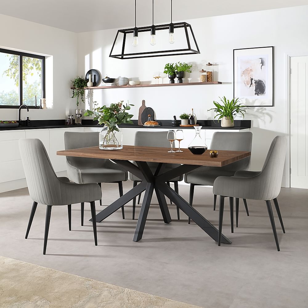 Madison Industrial Dining Table & 4 Liza Chairs, Walnut Effect & Black Steel, Grey Classic Velvet, 160cm