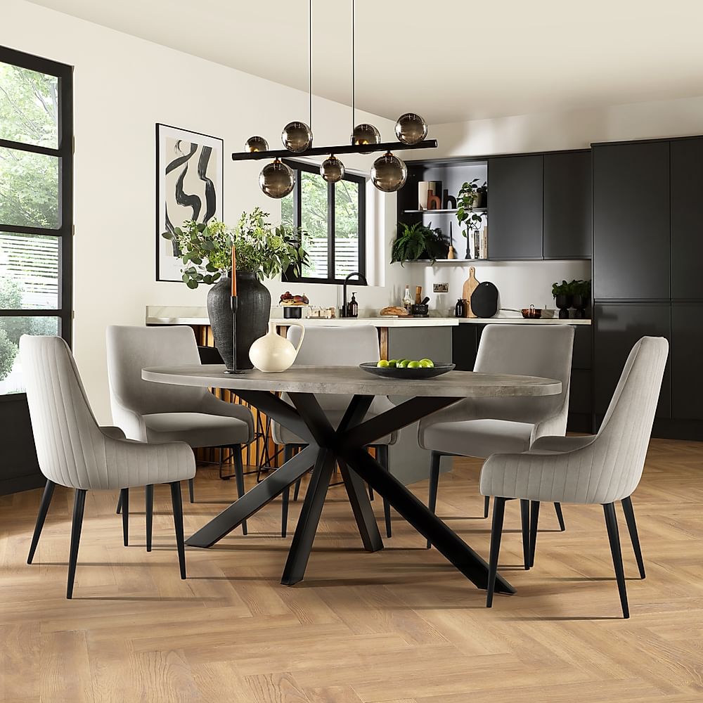 Madison Oval Industrial Dining Table & 4 Liza Chairs, Grey Concrete Effect & Black Steel, Grey Classic Velvet, 180cm