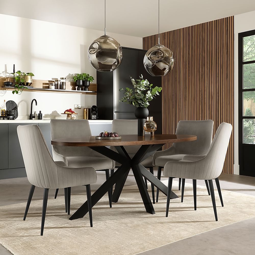 Madison Oval Industrial Dining Table & 6 Liza Chairs, Walnut Effect & Black Steel, Grey Classic Velvet, 180cm