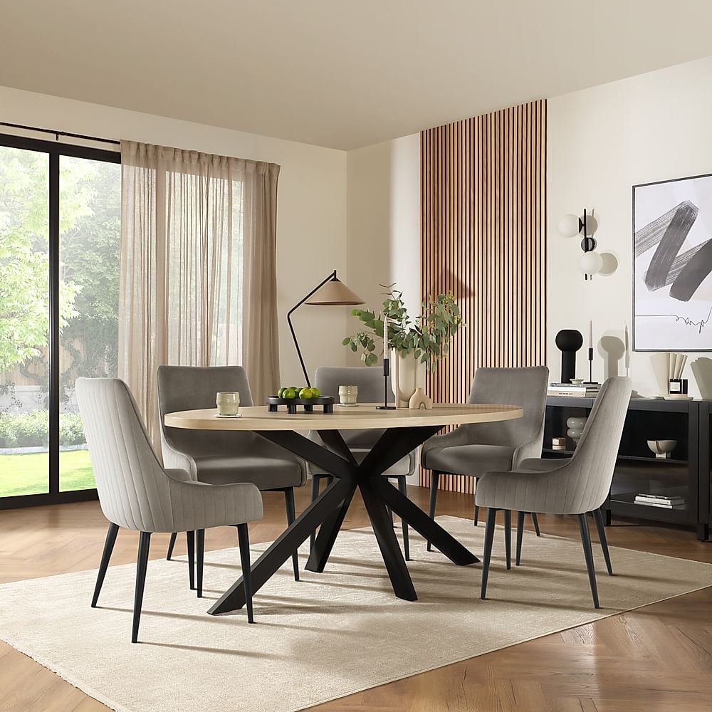 Madison Oval Dining Table & 4 Liza Chairs, Light Oak Effect & Black Steel, Grey Classic Velvet, 180cm