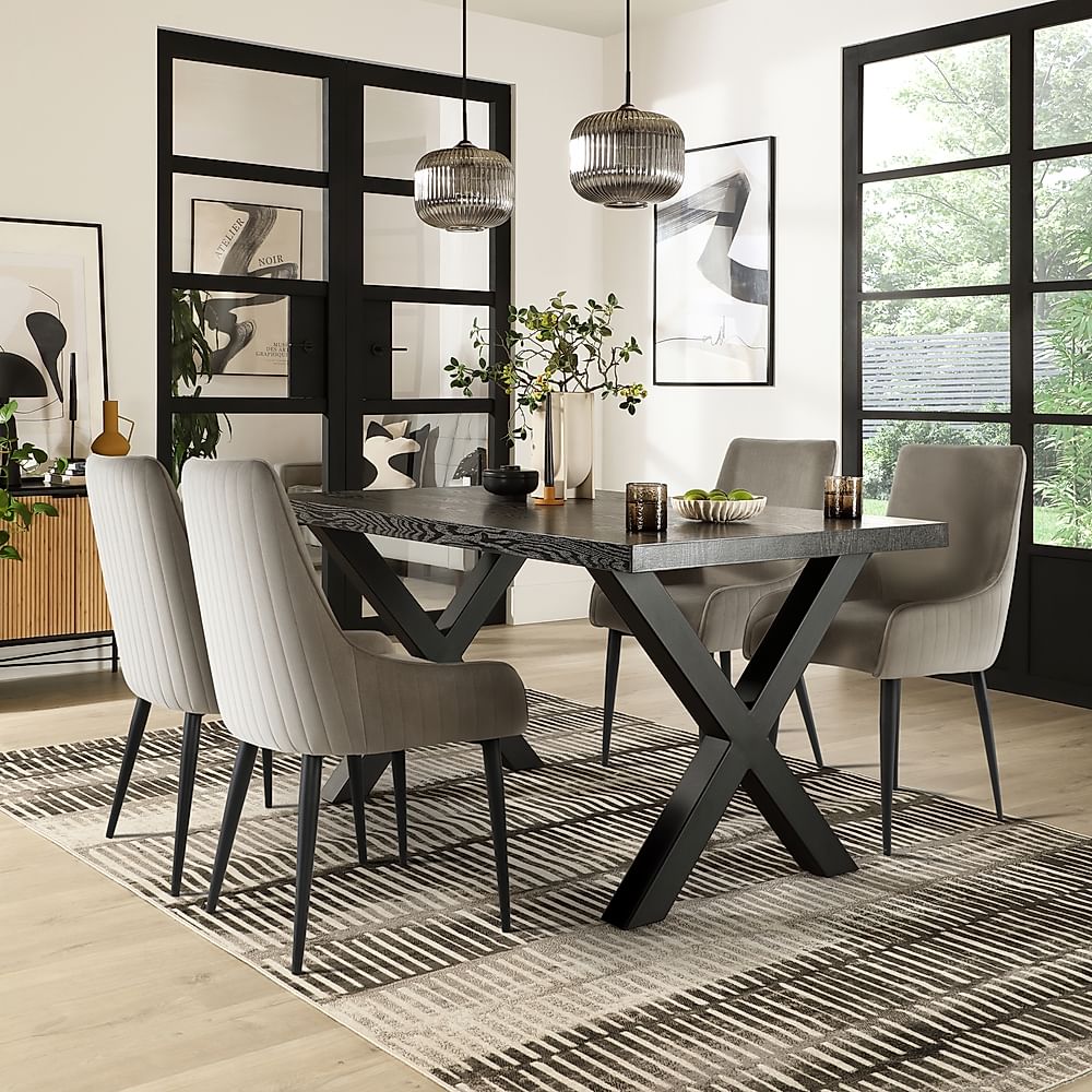 Franklin Dining Table & 4 Liza Chairs, Black Oak Effect & Black Steel, Grey Classic Velvet, 150cm