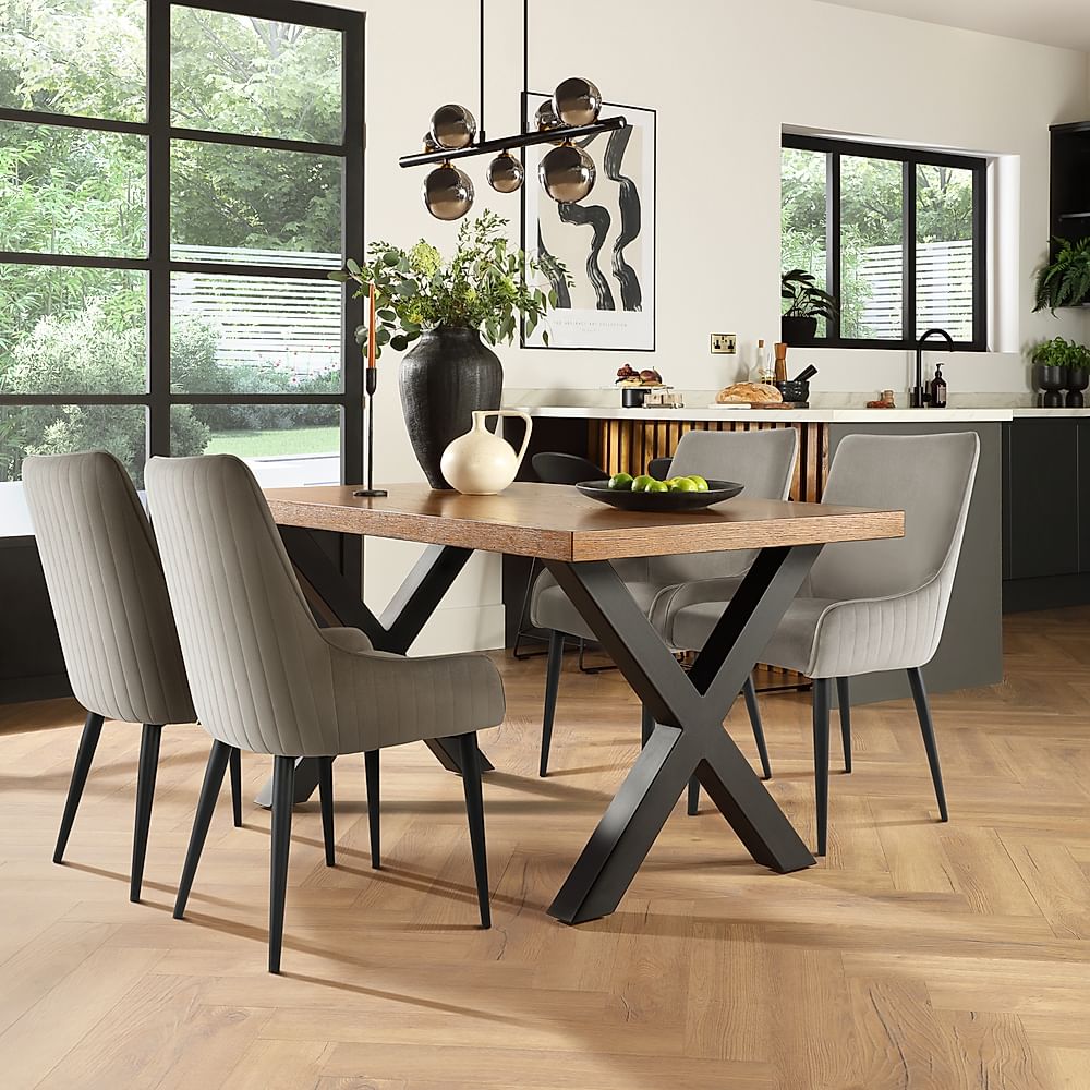 Franklin Industrial Dining Table & 4 Liza Chairs, Dark Oak Veneer & Black Steel, Grey Classic Velvet, 150cm