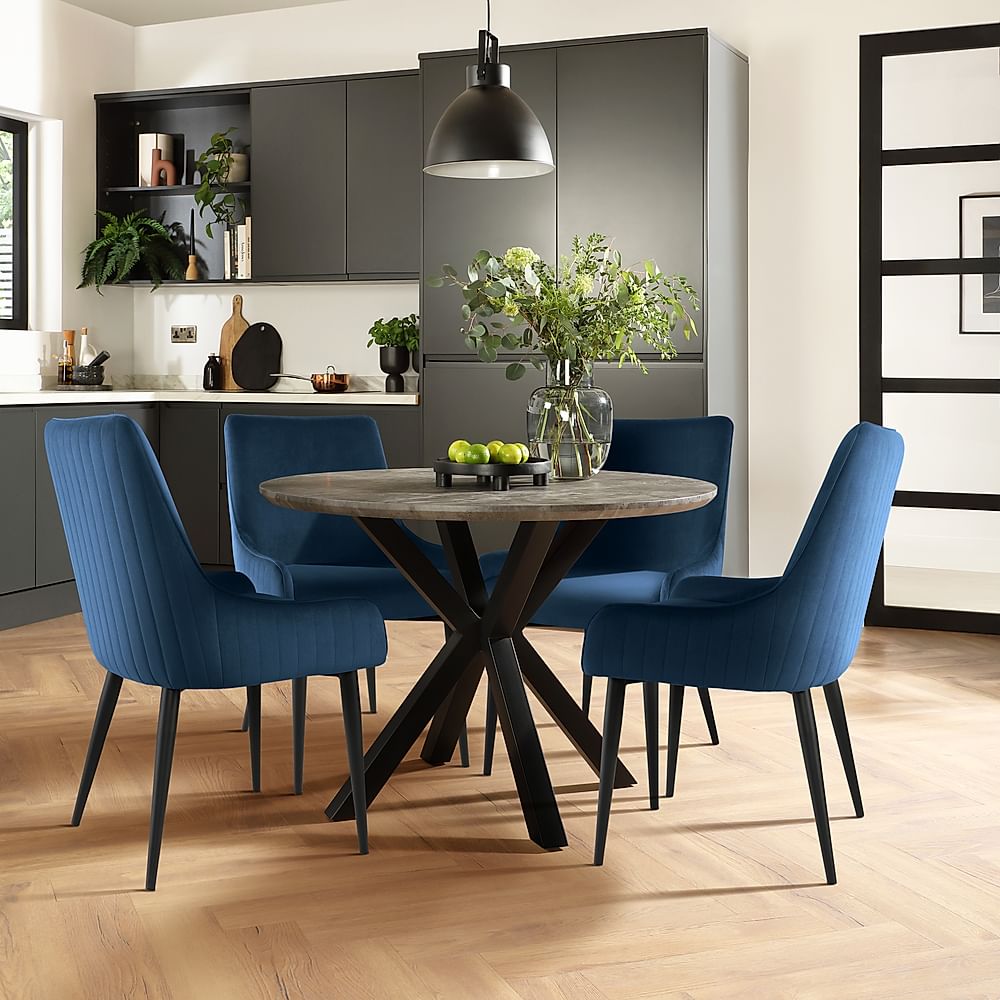 Newark Round Industrial Dining Table & 4 Liza Chairs, Grey Concrete Effect & Black Steel, Blue Classic Velvet, 110cm