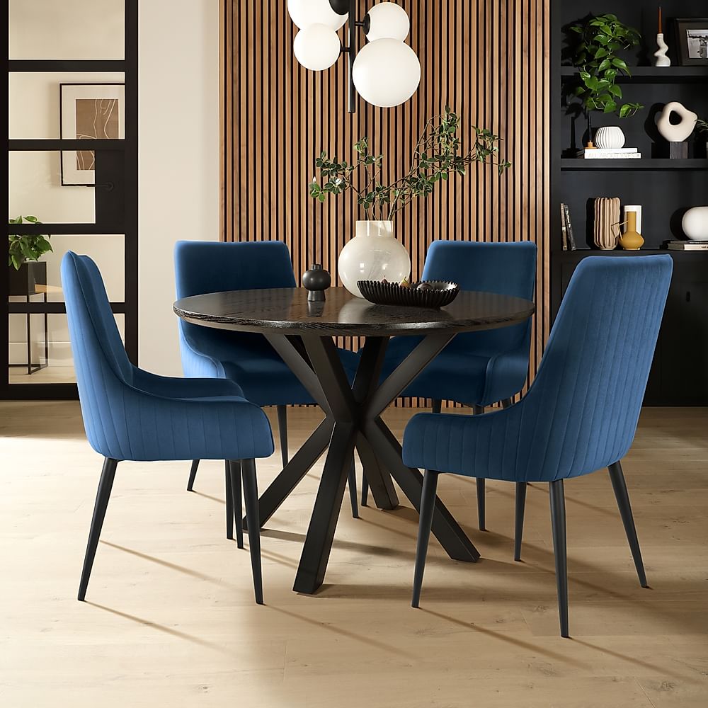 Newark Round Dining Table & 4 Liza Chairs, Black Oak Effect & Black Steel, Blue Classic Velvet, 110cm