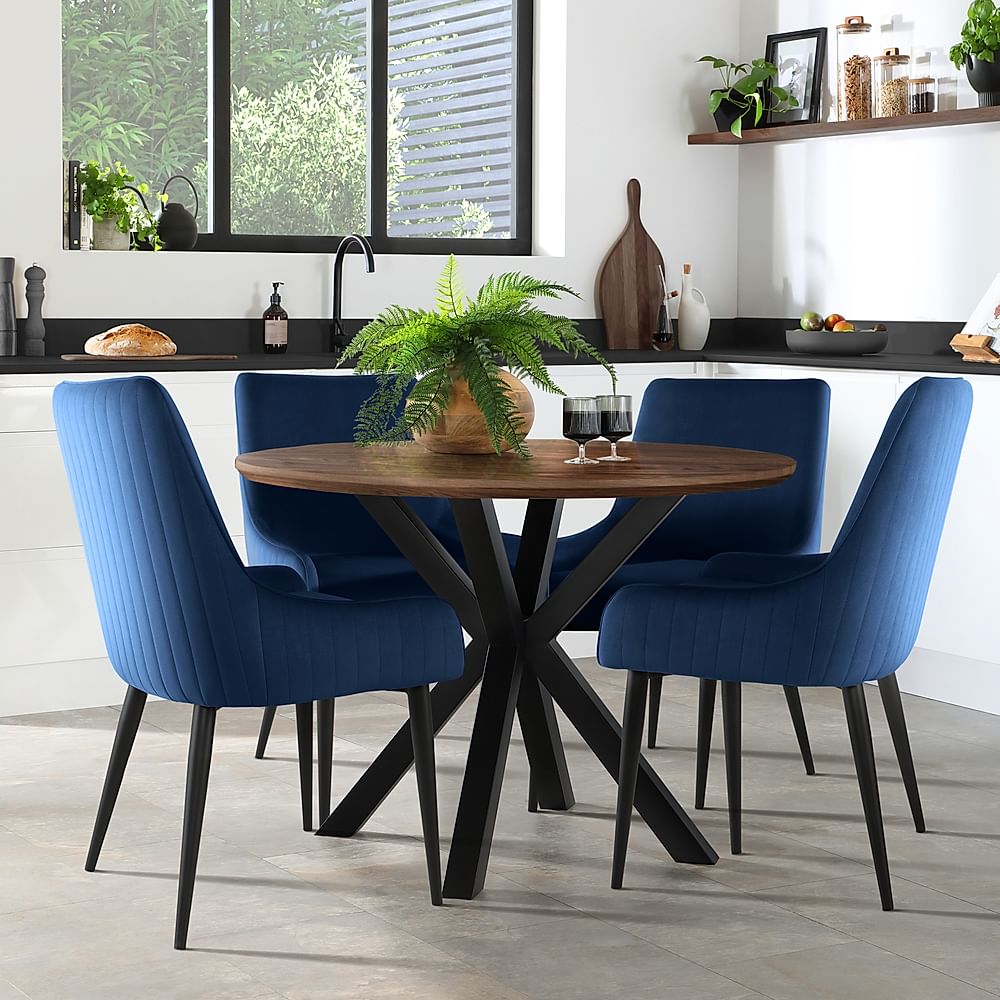 Newark Round Industrial Dining Table & 4 Liza Chairs, Walnut Effect & Black Steel, Blue Classic Velvet, 110cm