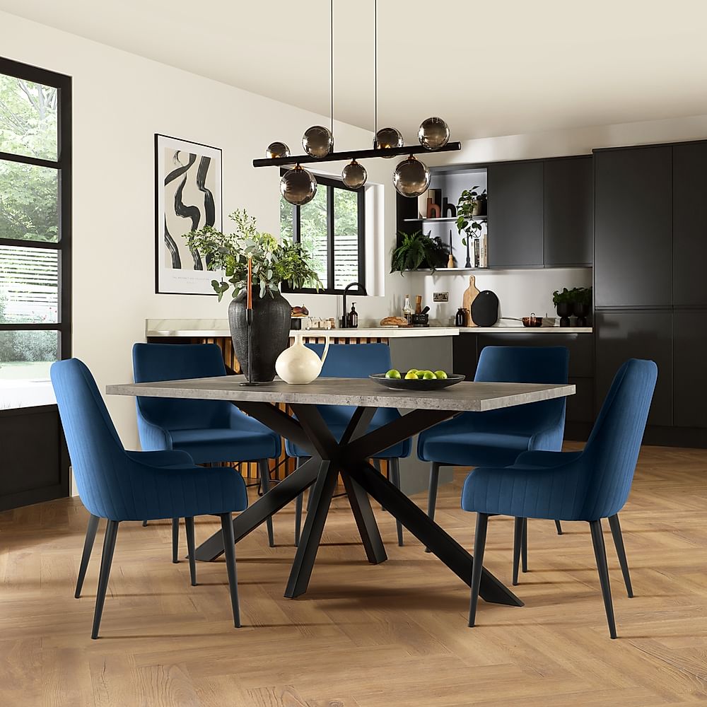 Madison Industrial Dining Table & 4 Liza Chairs, Grey Concrete Effect & Black Steel, Blue Classic Velvet, 160cm