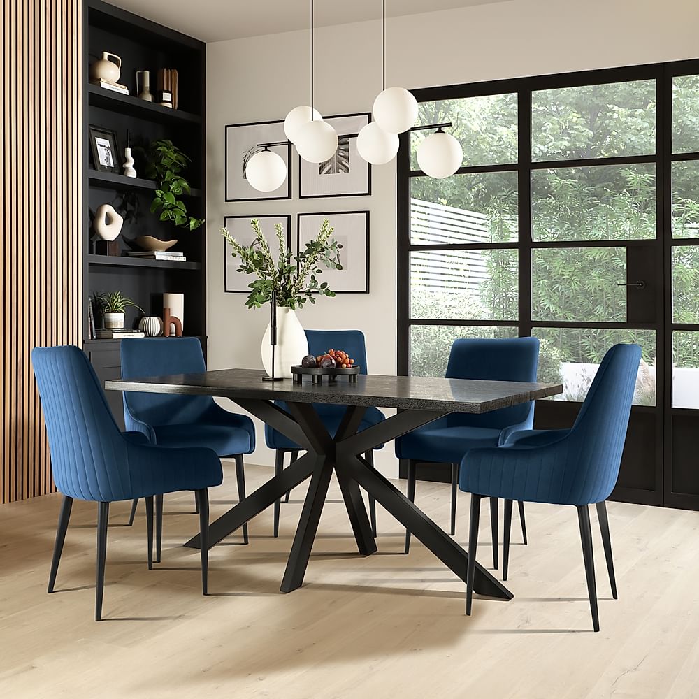 Madison Dining Table & 4 Liza Chairs, Black Oak Effect & Black Steel, Blue Classic Velvet, 160cm