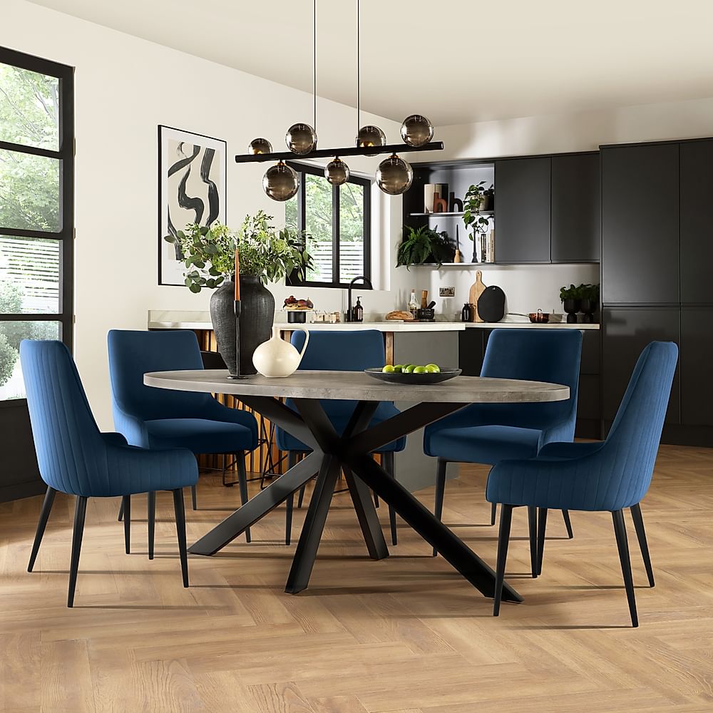 Madison Oval Industrial Dining Table & 6 Liza Chairs, Grey Concrete Effect & Black Steel, Blue Classic Velvet, 180cm