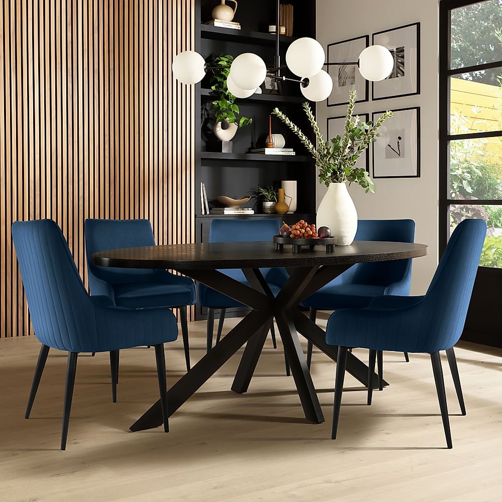 Madison Oval Dining Table & 6 Liza Chairs, Black Oak Effect & Black Steel, Blue Classic Velvet, 180cm