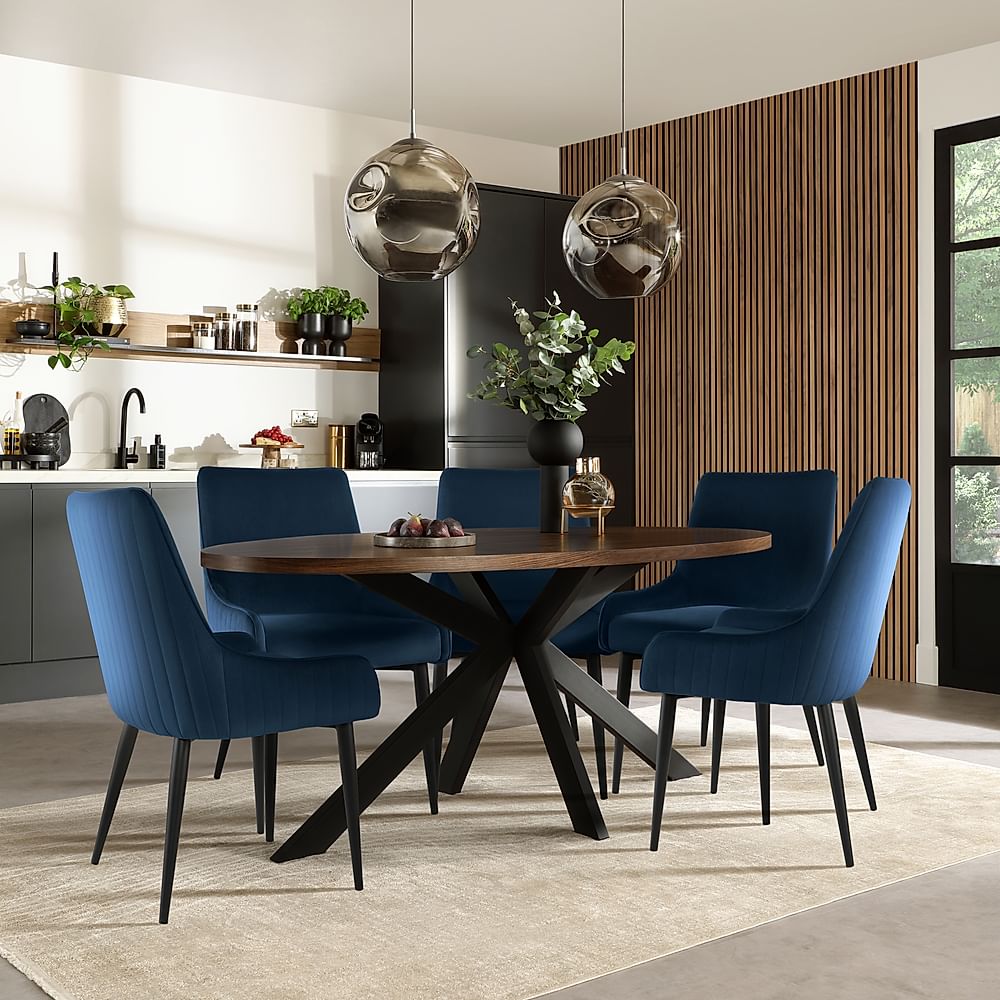 Madison Oval Industrial Dining Table & 4 Liza Chairs, Walnut Effect & Black Steel, Blue Classic Velvet, 180cm