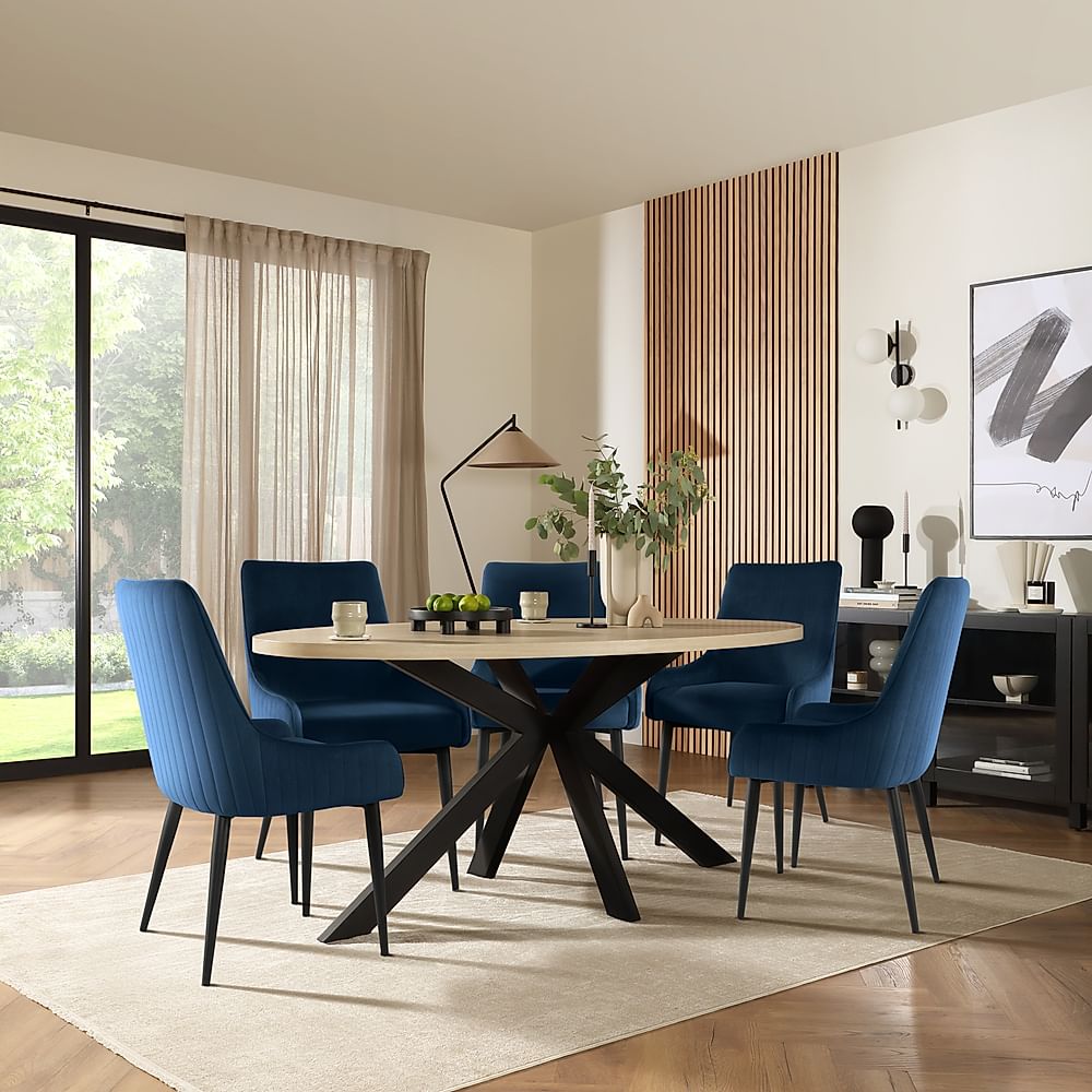 Madison Oval Dining Table & 4 Liza Chairs, Light Oak Effect & Black Steel, Blue Classic Velvet, 180cm