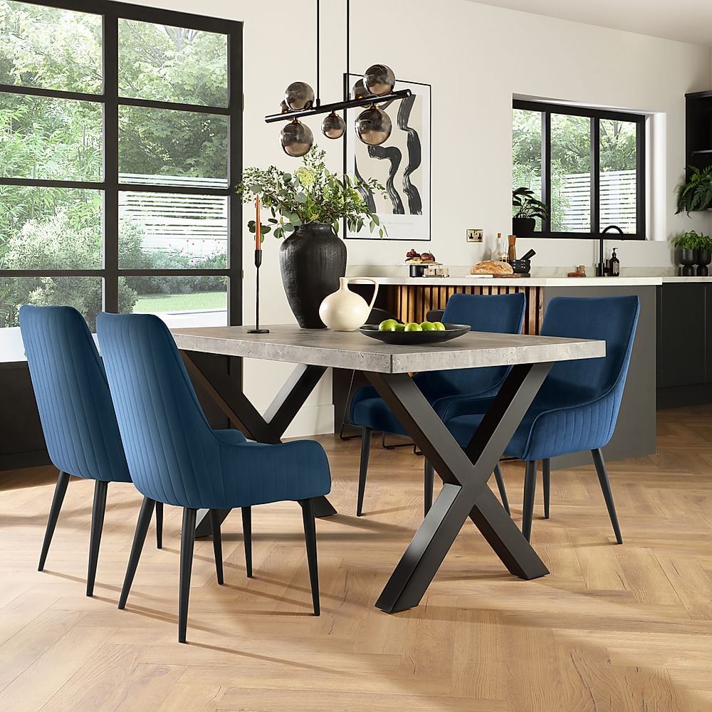 Franklin Industrial Dining Table & 4 Liza Chairs, Grey Concrete Effect & Black Steel, Blue Classic Velvet, 150cm