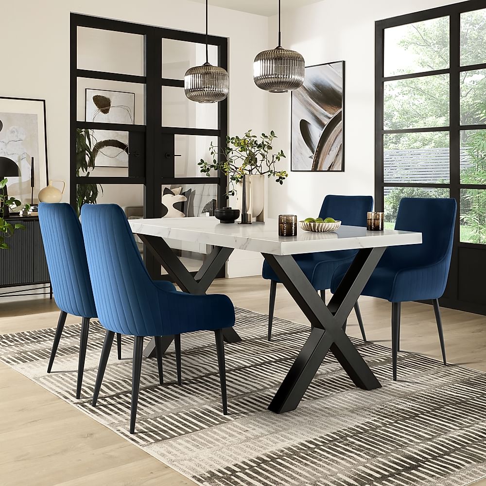 Franklin Dining Table & 4 Liza Chairs, White Marble Effect & Black Steel, Blue Classic Velvet, 150cm