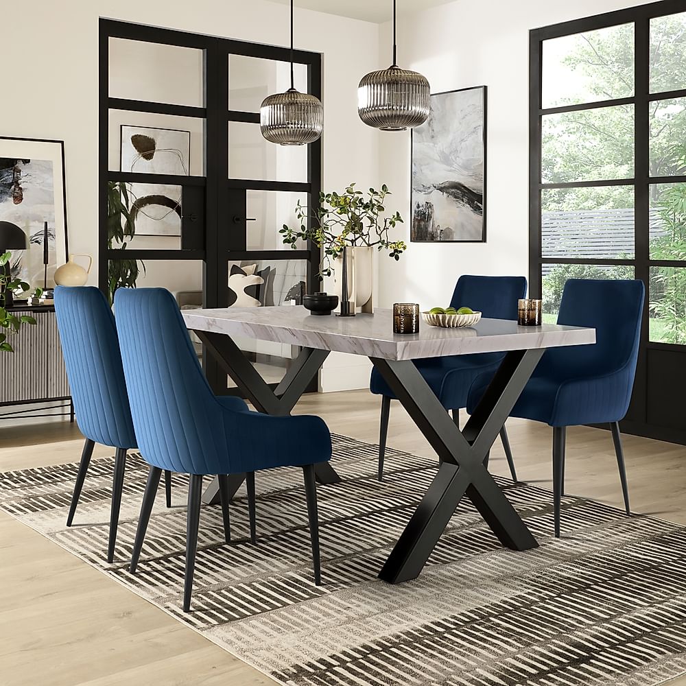 Franklin Dining Table & 4 Liza Chairs, Grey Marble Effect & Black Steel, Blue Classic Velvet, 150cm