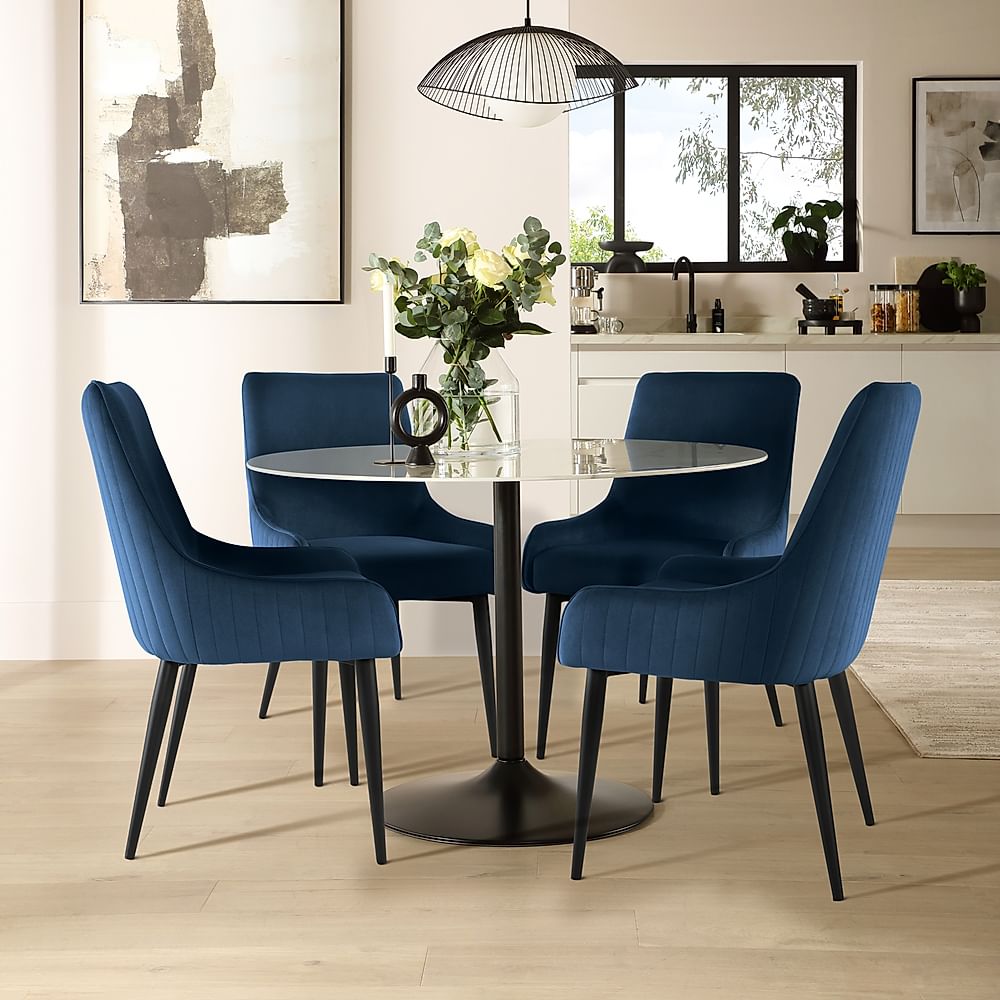 Orbit Round Dining Table & 4 Liza Chairs, White Marble Effect & Black Steel, Blue Classic Velvet, 110cm