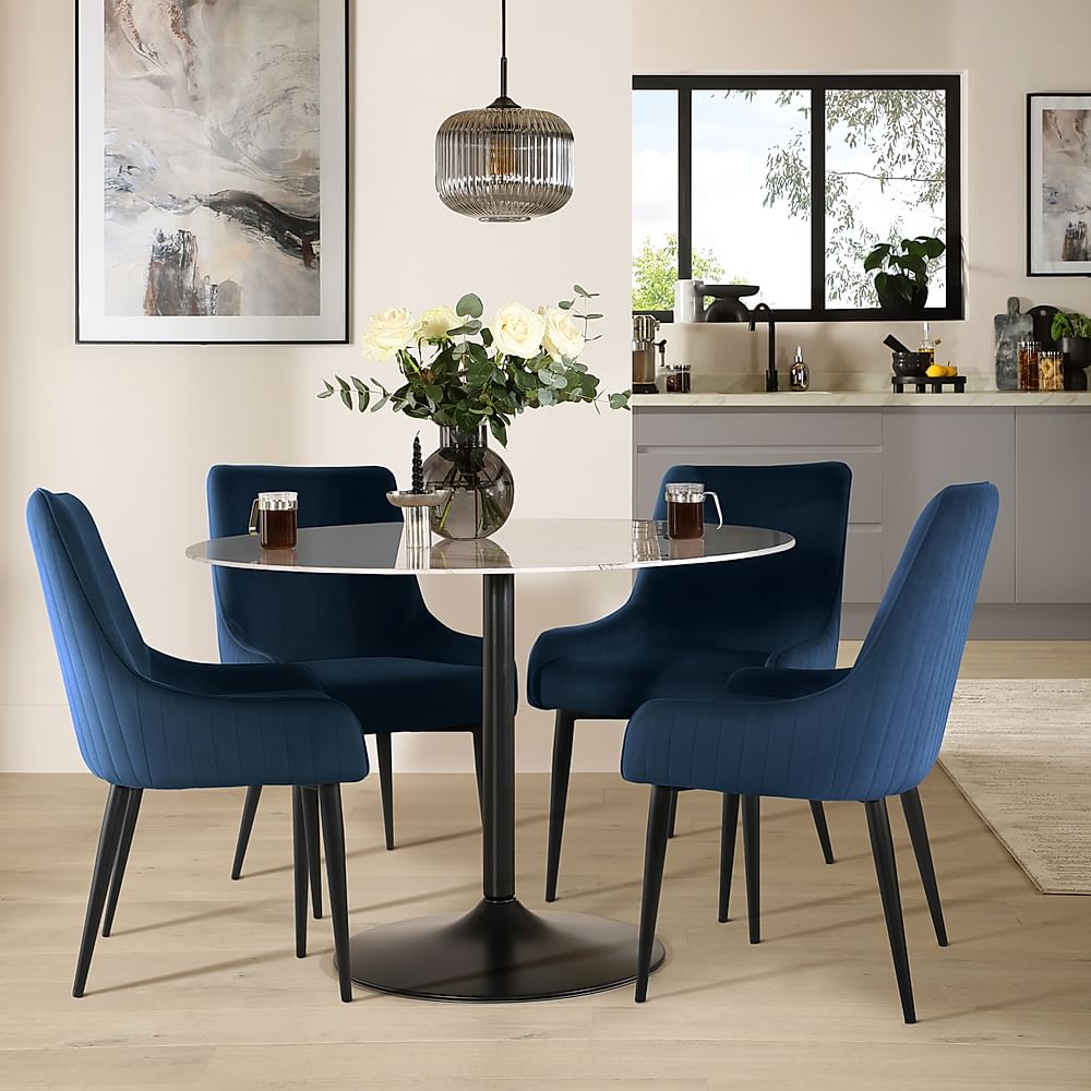 Orbit Round Dining Table & 4 Liza Chairs, Grey Marble Effect & Black Steel, Blue Classic Velvet, 110cm