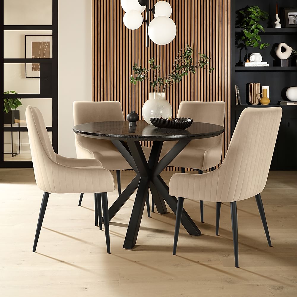 Newark Round Dining Table & 4 Liza Chairs, Black Oak Effect & Black Steel, Champagne Classic Velvet, 110cm