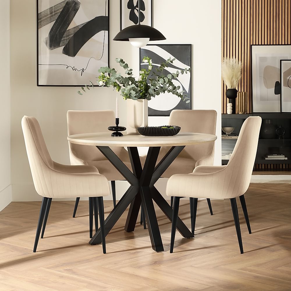 Newark Round Dining Table & 4 Liza Chairs, Light Oak Effect & Black Steel, Champagne Classic Velvet, 110cm