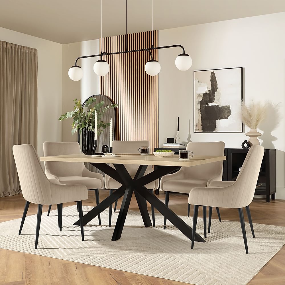 Madison Dining Table & 6 Liza Chairs, Light Oak Effect & Black Steel, Champagne Classic Velvet, 160cm