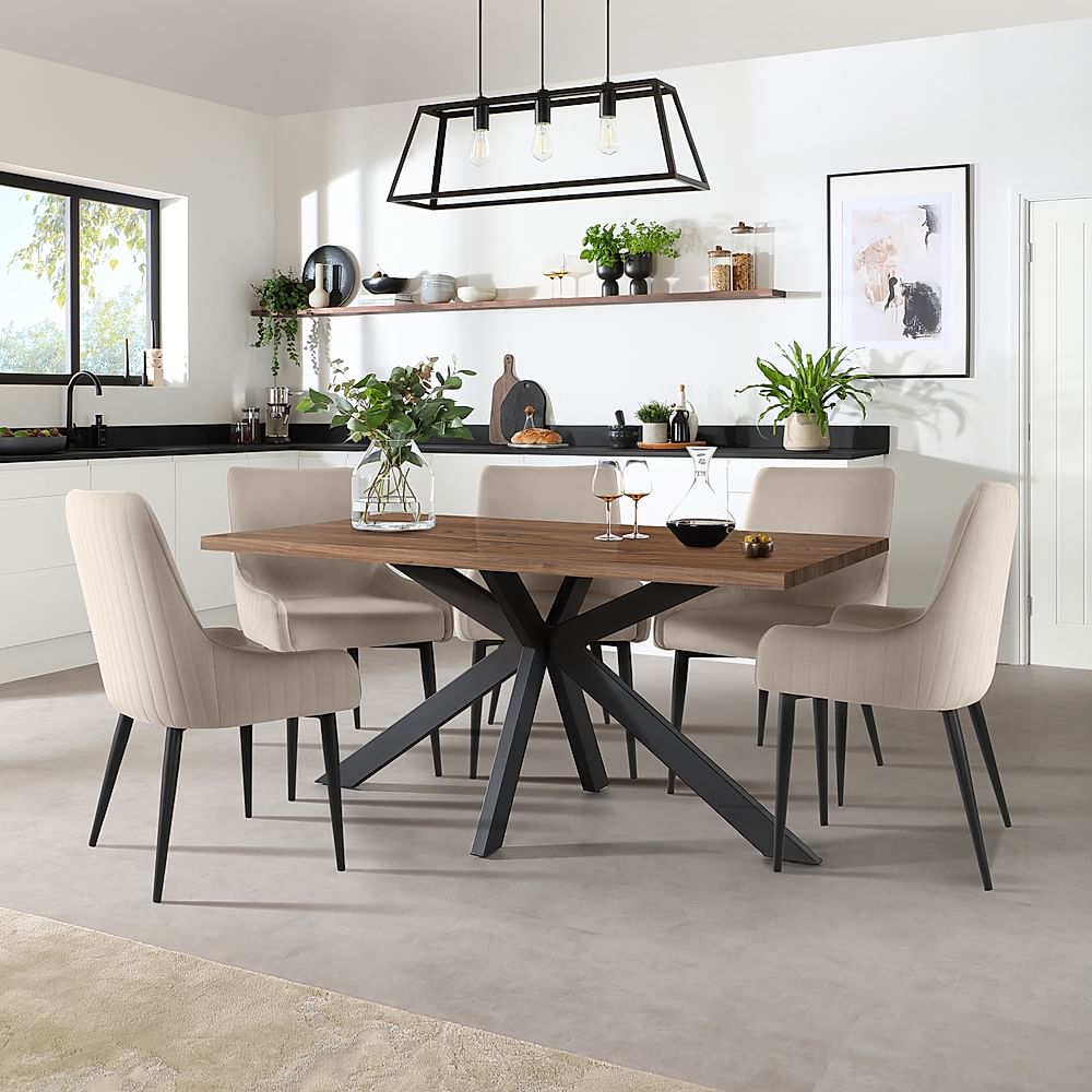 Madison Industrial Dining Table & 6 Liza Chairs, Walnut Effect & Black Steel, Champagne Classic Velvet, 160cm