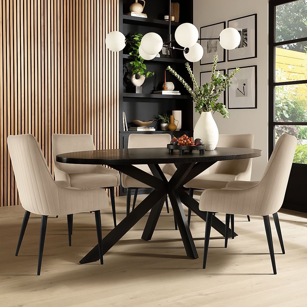 Madison Oval Dining Table & 4 Liza Chairs, Black Oak Effect & Black Steel, Champagne Classic Velvet, 180cm