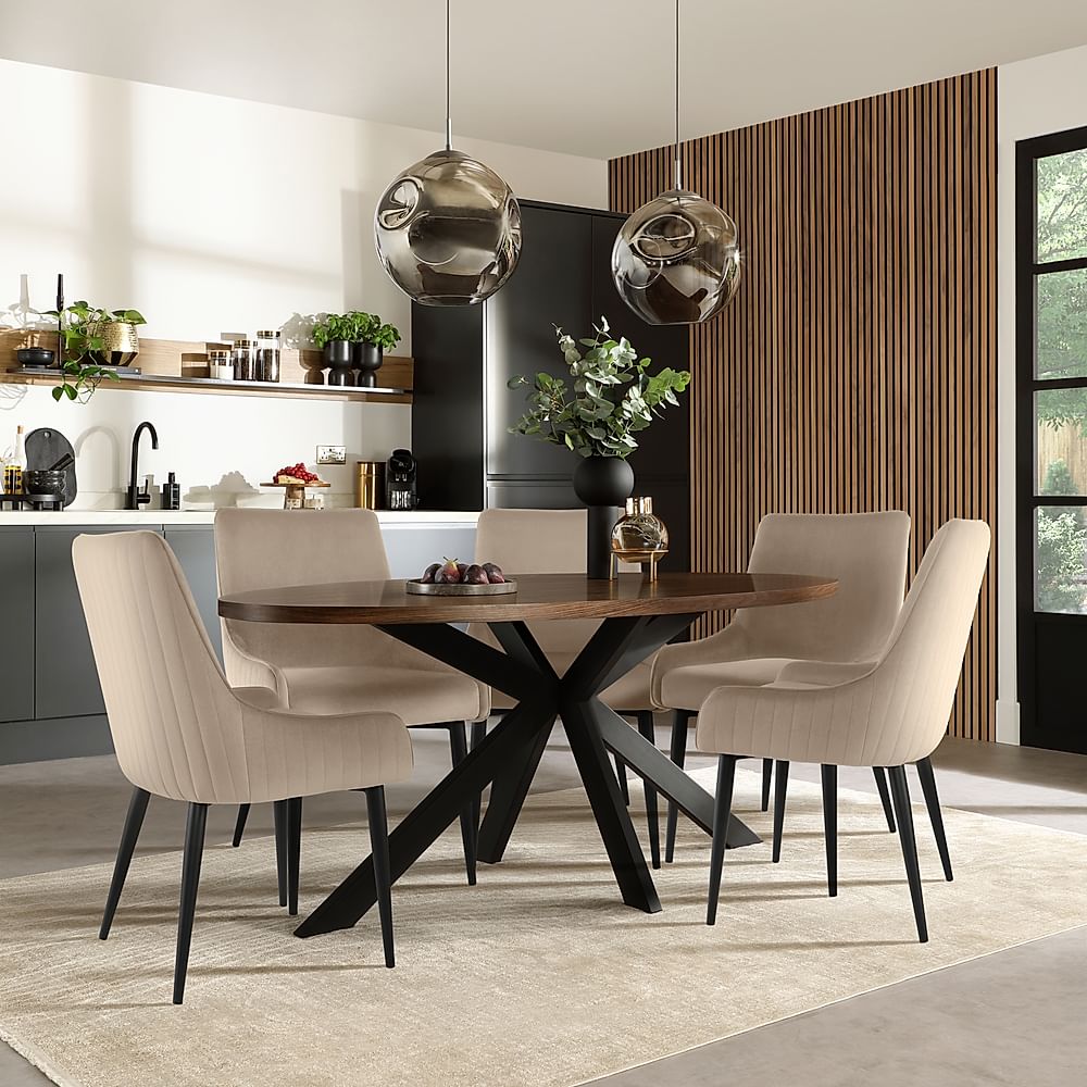 Madison Oval Industrial Dining Table & 4 Liza Chairs, Walnut Effect & Black Steel, Champagne Classic Velvet, 180cm