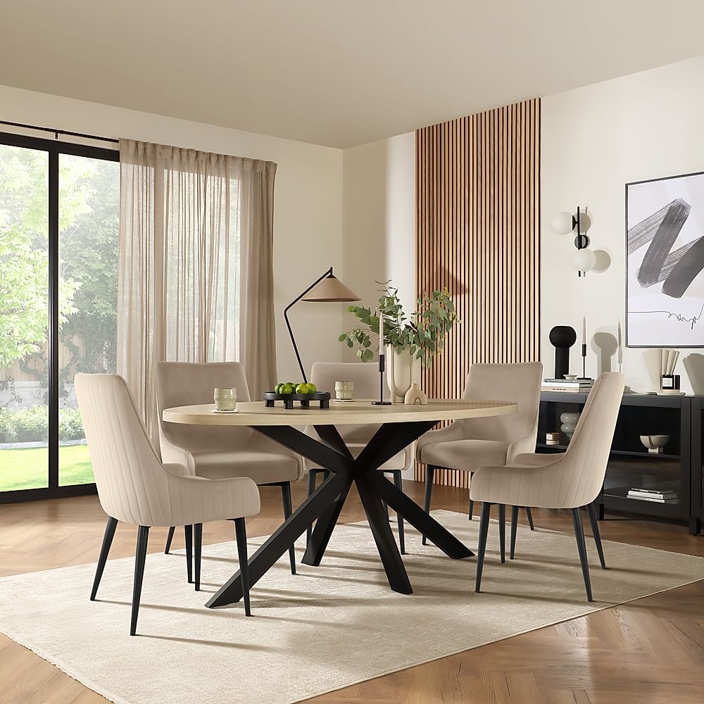 Madison Oval Dining Table & 4 Liza Chairs, Light Oak Effect & Black Steel, Champagne Classic Velvet, 180cm