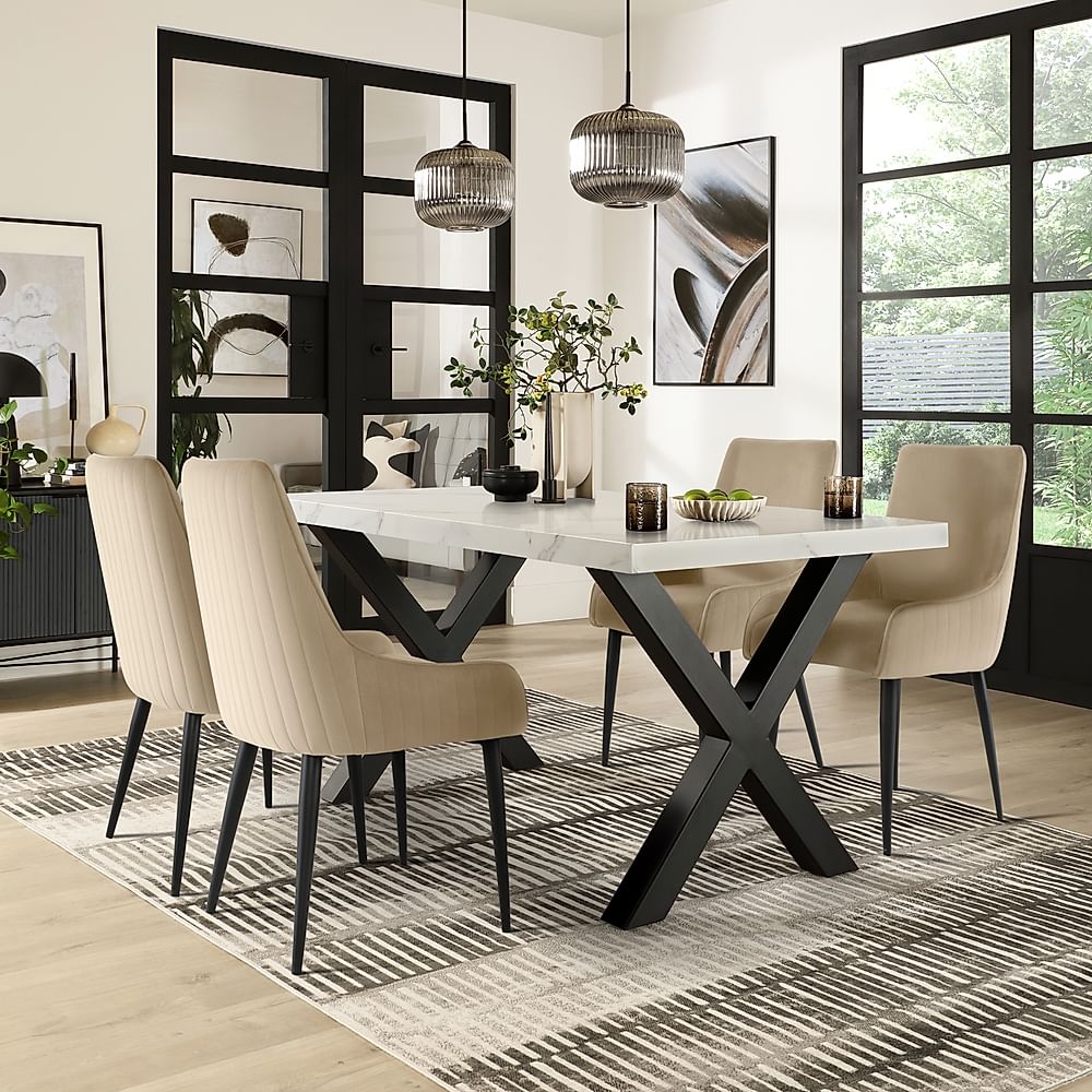 Franklin Dining Table & 4 Liza Chairs, White Marble Effect & Black Steel, Champagne Classic Velvet, 150cm