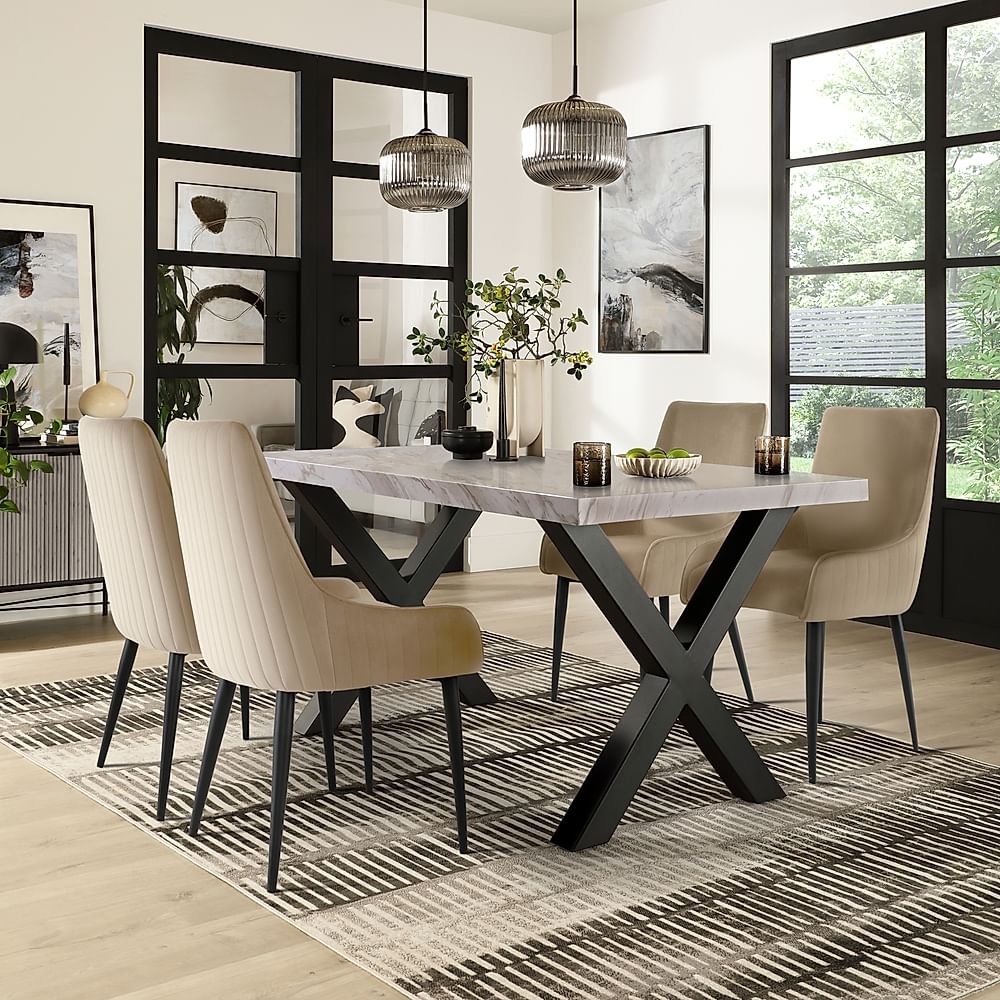 Franklin Dining Table & 4 Liza Chairs, Grey Marble Effect & Black Steel, Champagne Classic Velvet, 150cm