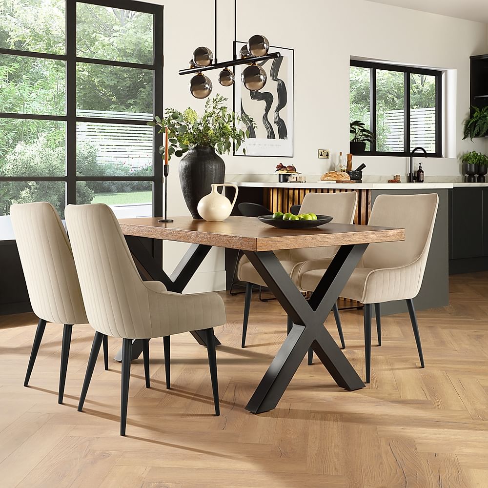 Franklin Industrial Dining Table & 4 Liza Chairs, Dark Oak Veneer & Black Steel, Champagne Classic Velvet, 150cm