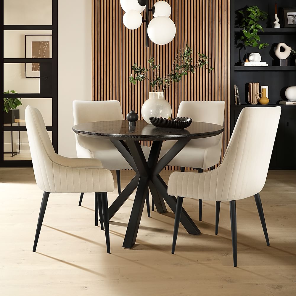 Newark Round Dining Table & 4 Liza Chairs, Black Oak Effect & Black Steel, Ivory Classic Plush Fabric, 110cm