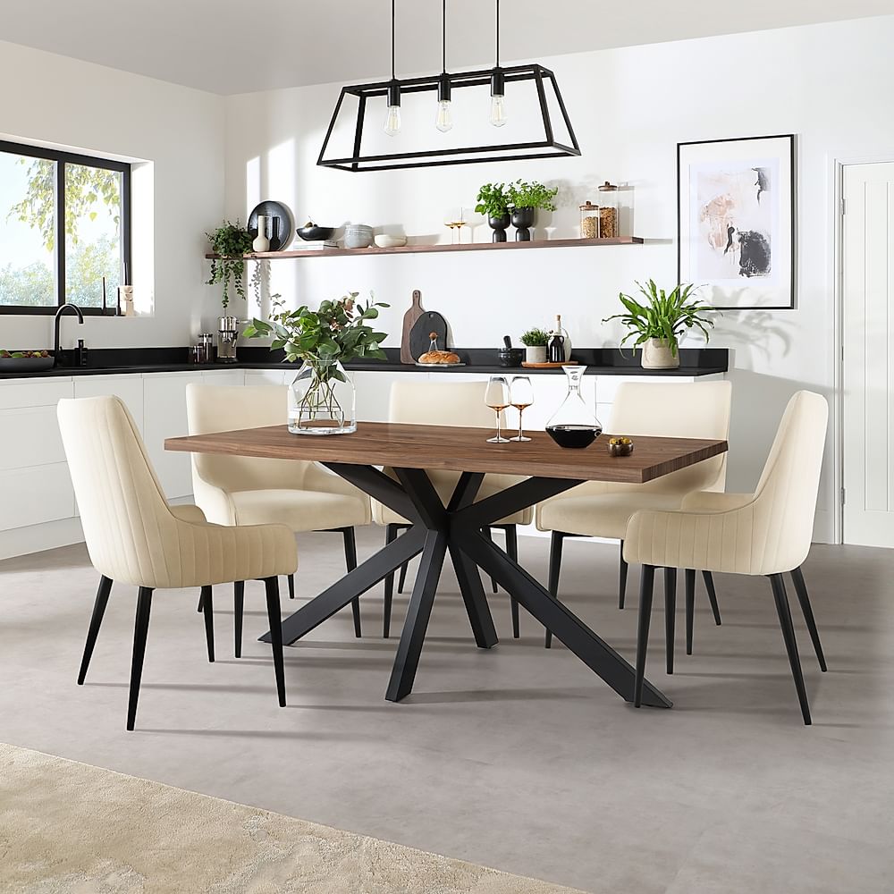 Madison Industrial Dining Table & 4 Liza Chairs, Walnut Effect & Black Steel, Ivory Classic Plush Fabric, 160cm