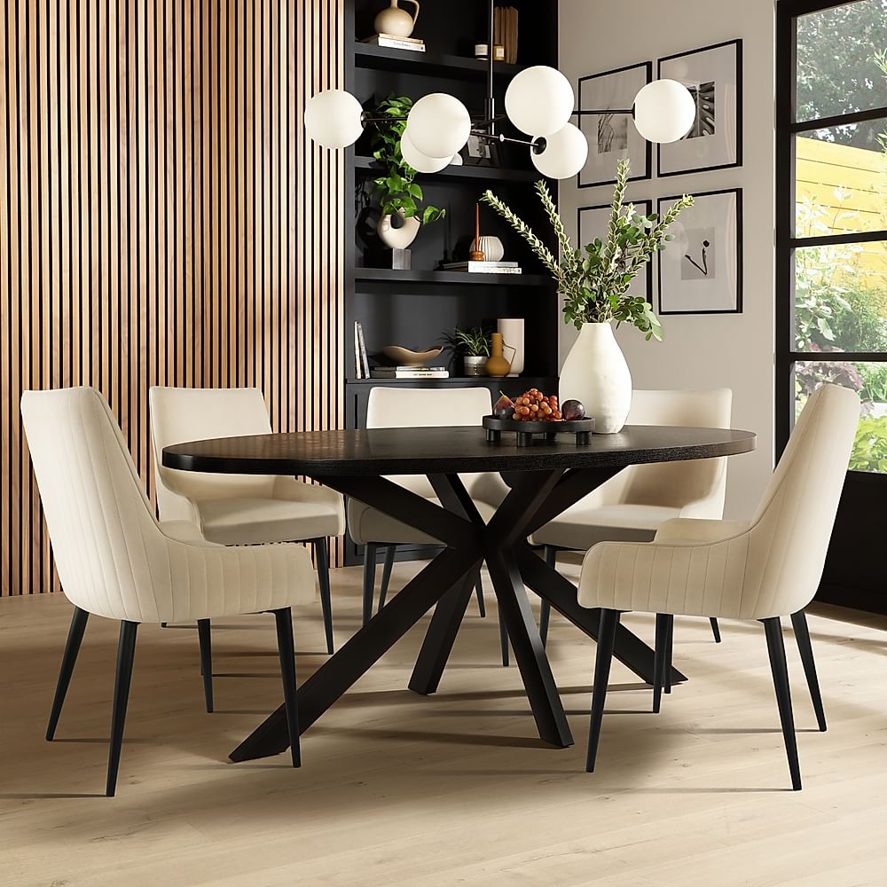 Madison Oval Dining Table & 6 Liza Chairs, Black Oak Effect & Black Steel, Ivory Classic Plush Fabric, 180cm